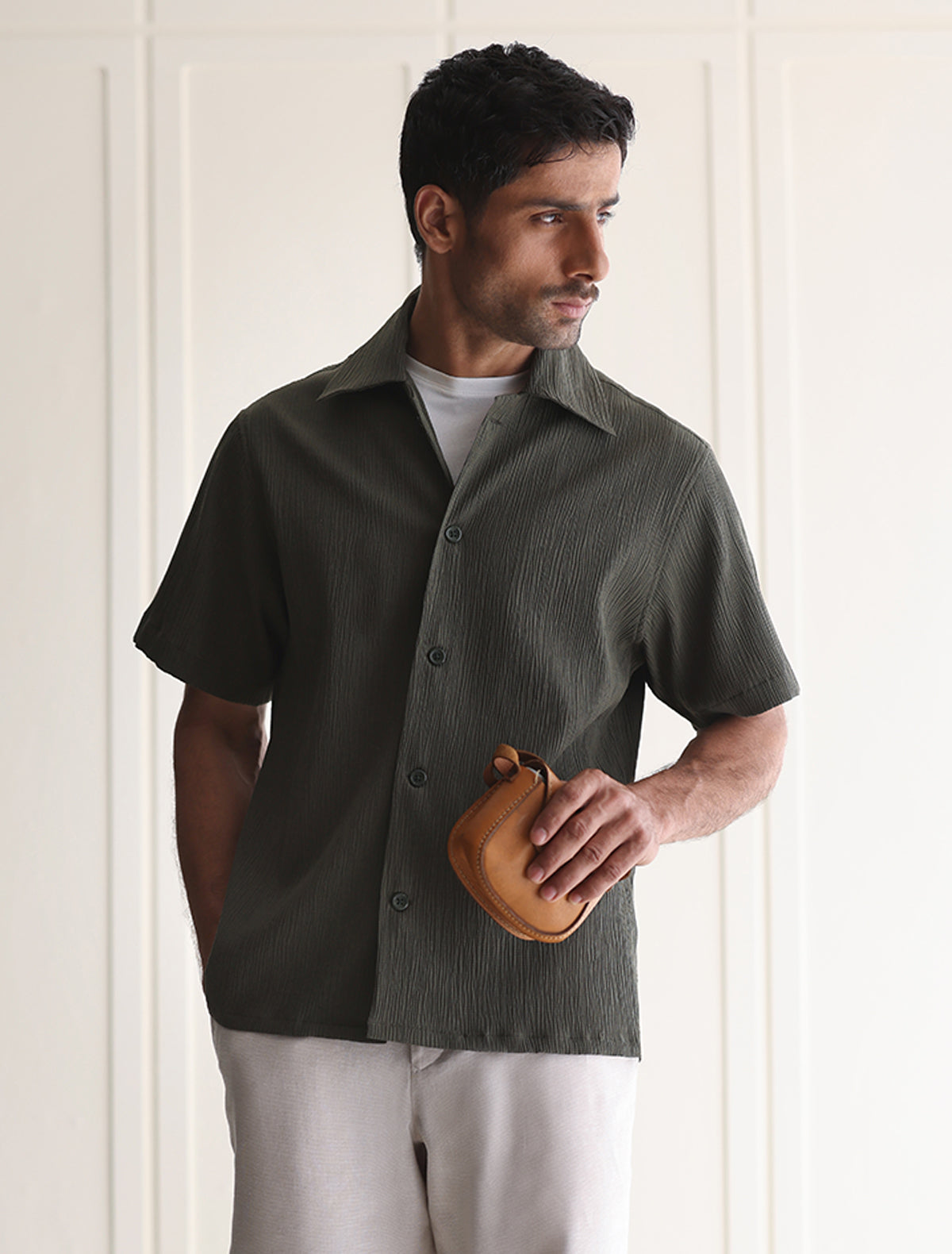 GREEN CRINKLE FABRIC SHIRT