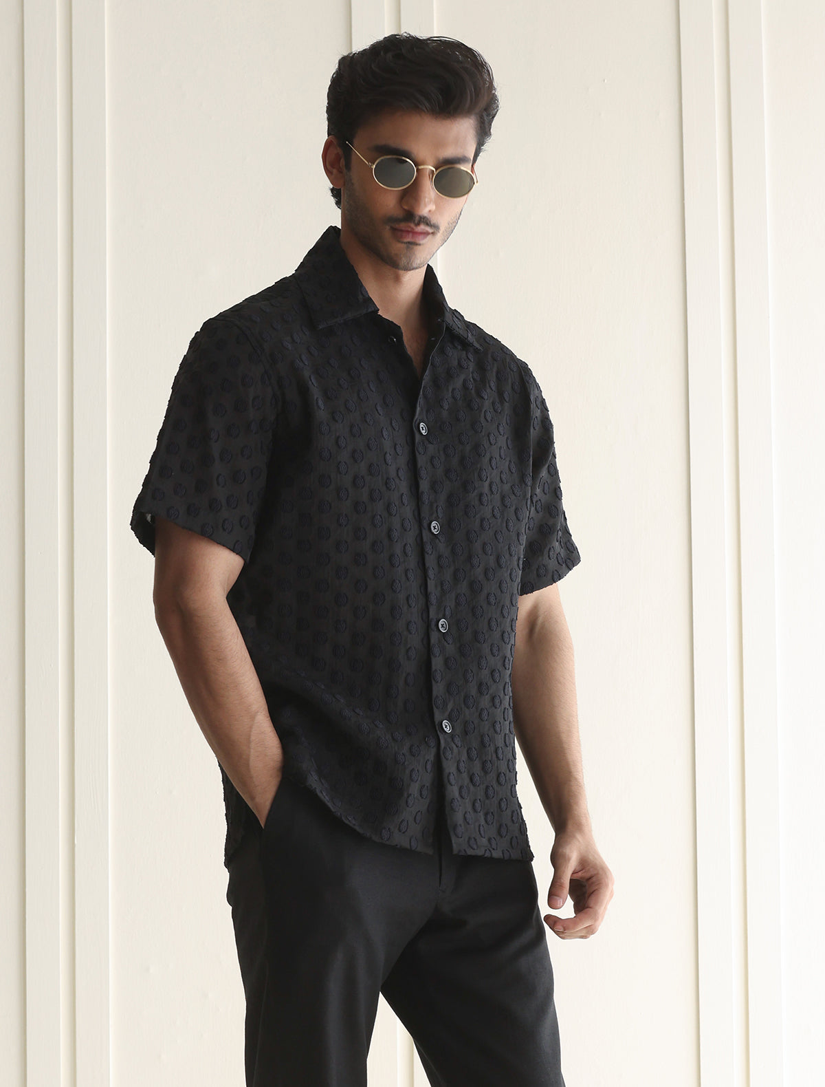 BLACK STRUCTURED HALF SLEEVE SHIRT