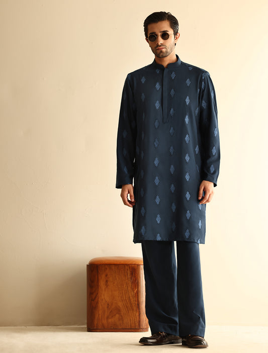 BLUE EMBROIDERED KURTA WITH MATCHING PAJAMA