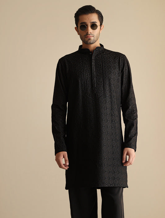 BLACK EMBROIDERED KURTA WITH MATCHING PAJAMA