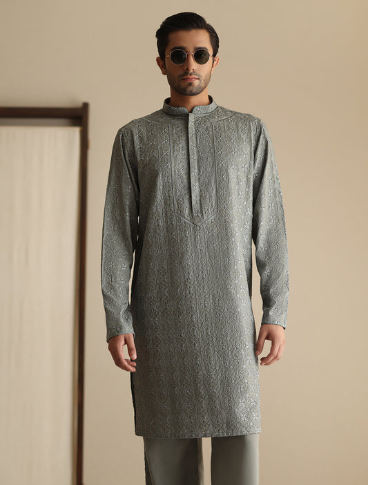 SAGE GREEN CHICKEN KARI STYLE KURTA WITH MATCHING PAJAMA