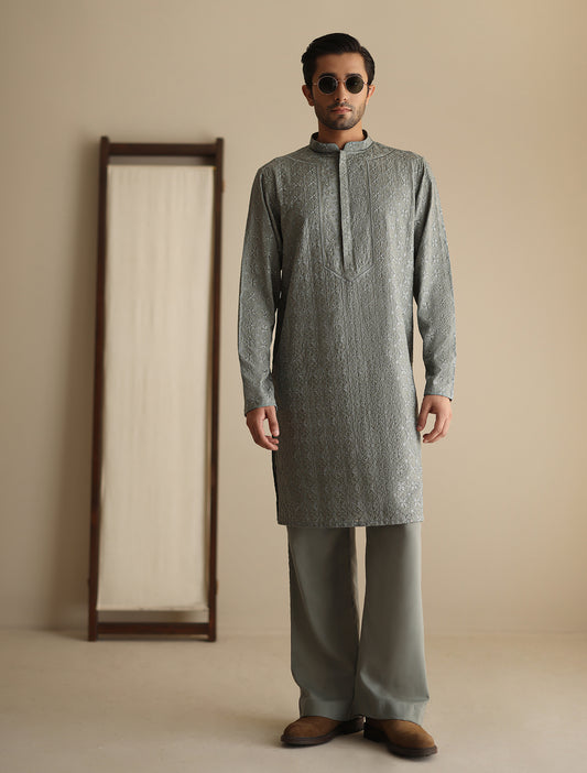 SAGE GREEN CHICKEN KARI STYLE KURTA WITH MATCHING PAJAMA