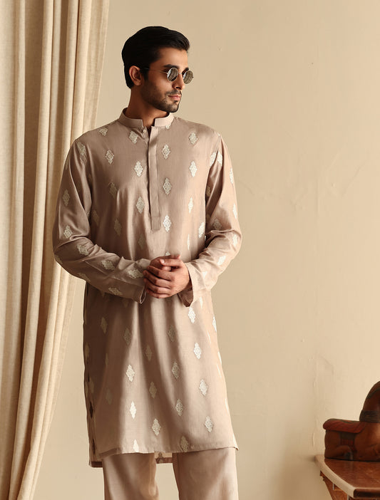 BEIGE EMBROIDERED KURTA WITH MATCHING PAJAMA