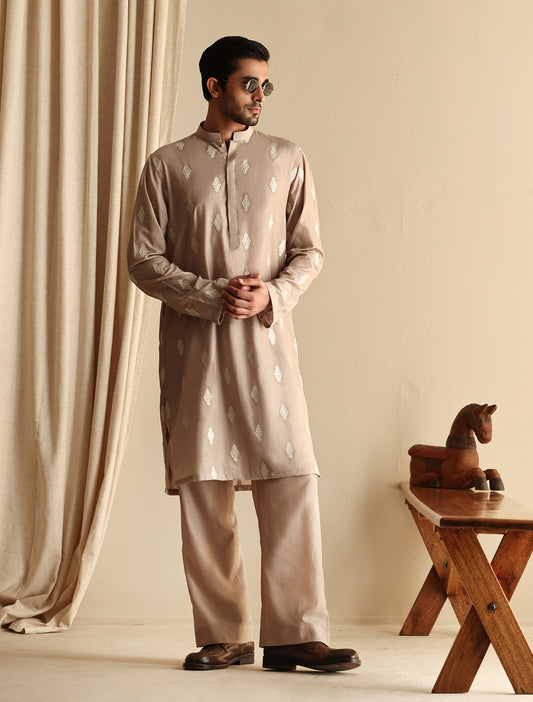 BEIGE EMBROIDERED KURTA WITH MATCHING PAJAMA