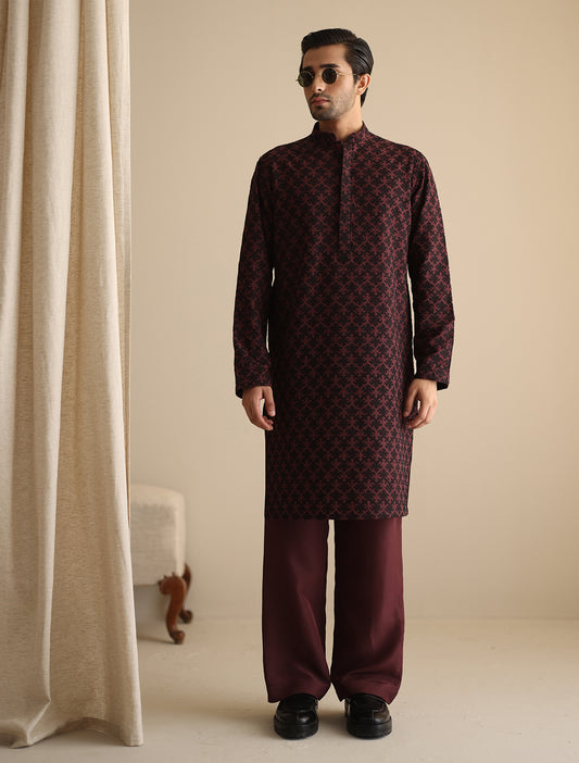 MAROON EMBROIDERY KURTA WITH MATCHING PAJAMA