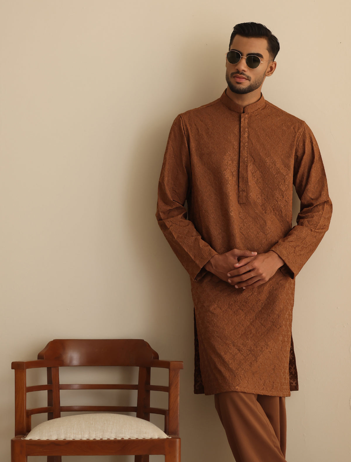 TAN EMBROIDERY KURTA WITH MATCHING PAJAMA