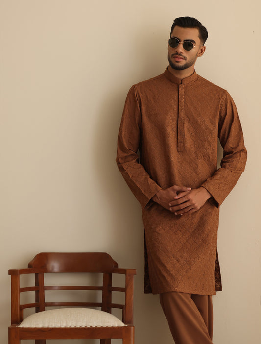 TAN EMBROIDERY KURTA WITH MATCHING PAJAMA