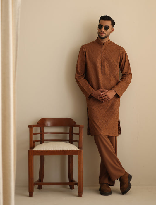 TAN EMBROIDERY KURTA WITH MATCHING PAJAMA