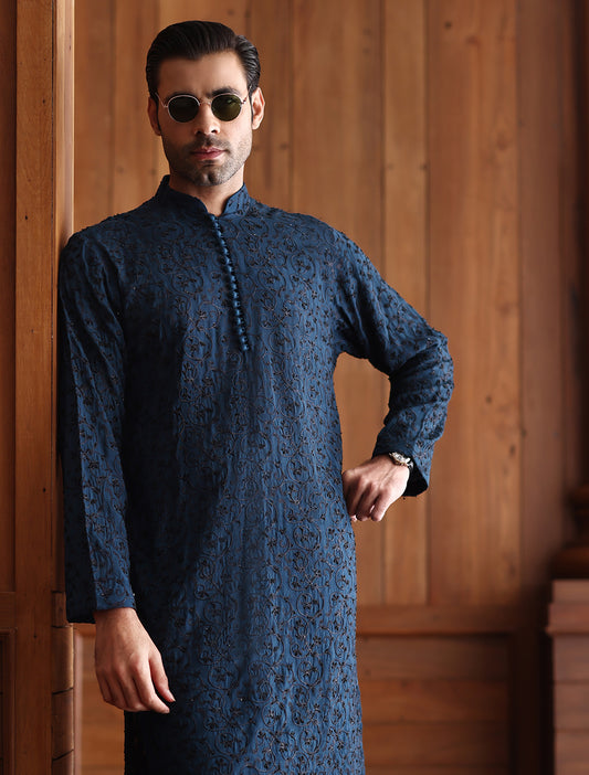 TEAL BLUE EMBROIDERED KURTA