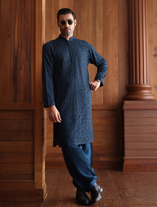 TEAL BLUE EMBROIDERED KURTA
