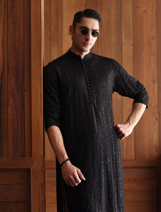 BLACK SELF EMBROIDERED KURTA