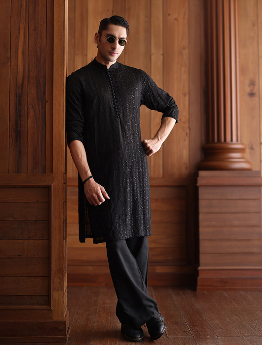 BLACK SELF EMBROIDERED KURTA