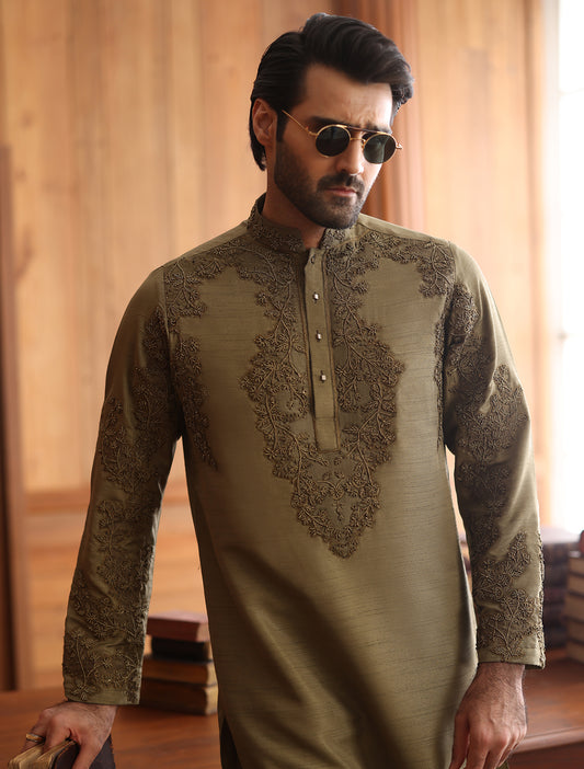 ANTIQUE GREEN HAND EMBROIDERED KURTA