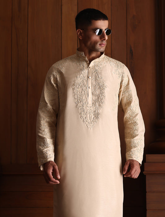 BEIGE HAND EMBROIDERED KURTA