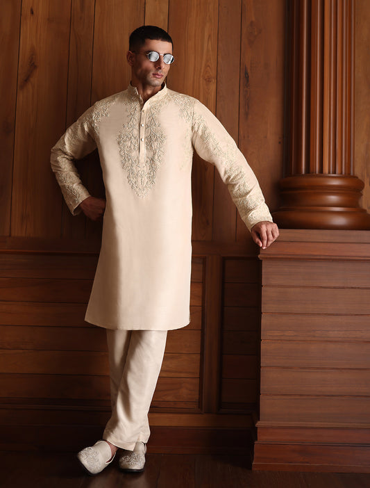 BEIGE HAND EMBROIDERED KURTA