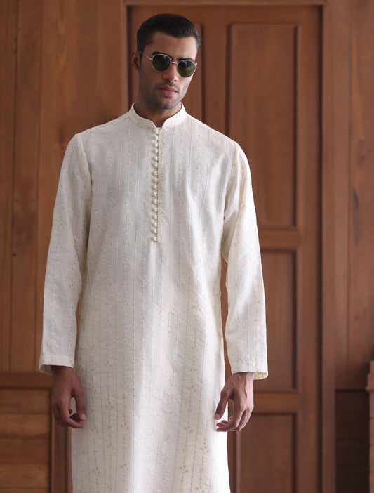 CREAM SELF EMBROIDERED KURTA