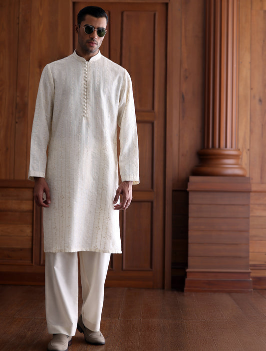 CREAM SELF EMBROIDERED KURTA