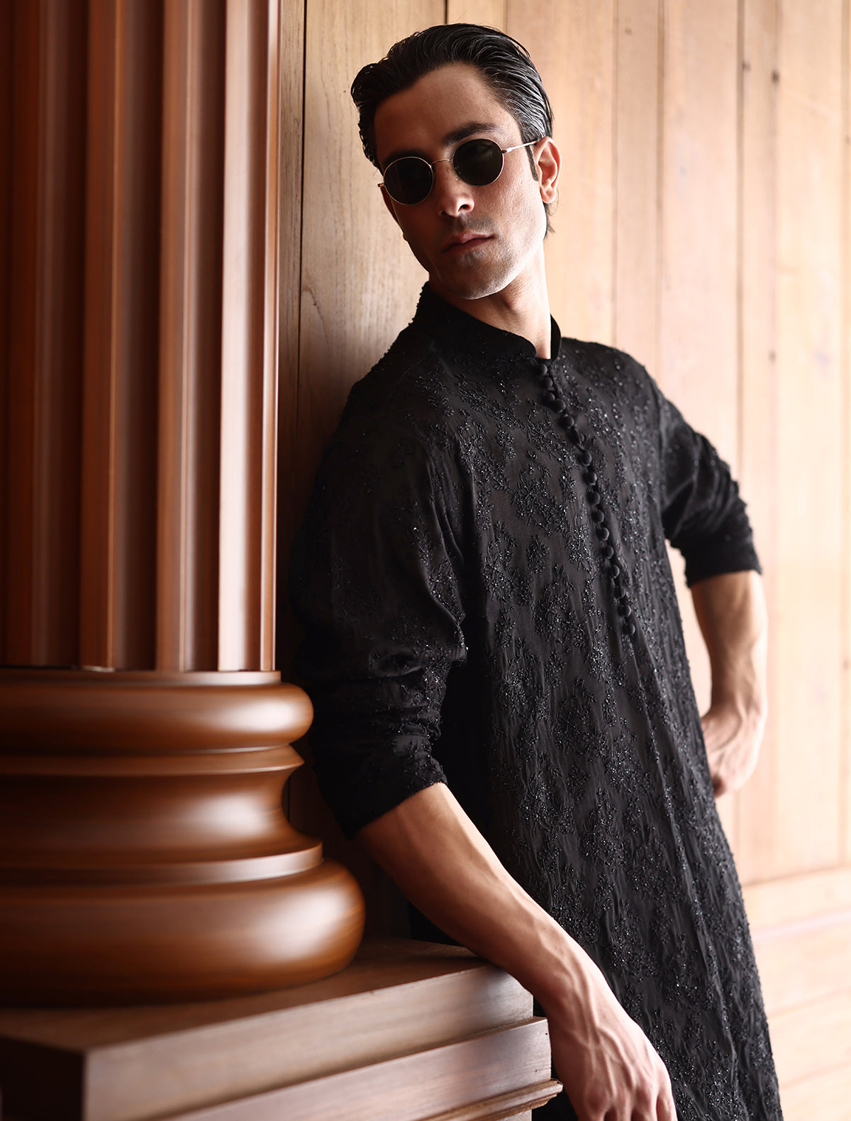 BLACK SELF EMBROIDERED KURTA