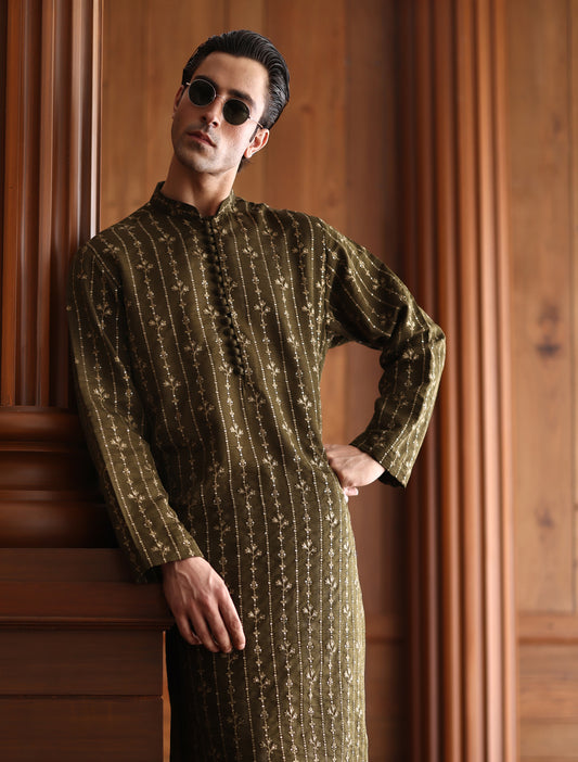 OLIVE EMBROIDERED KURTA