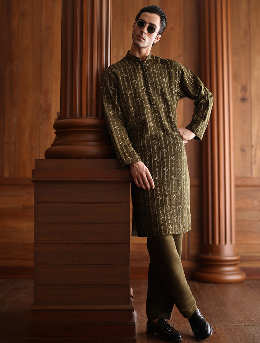 OLIVE EMBROIDERED KURTA