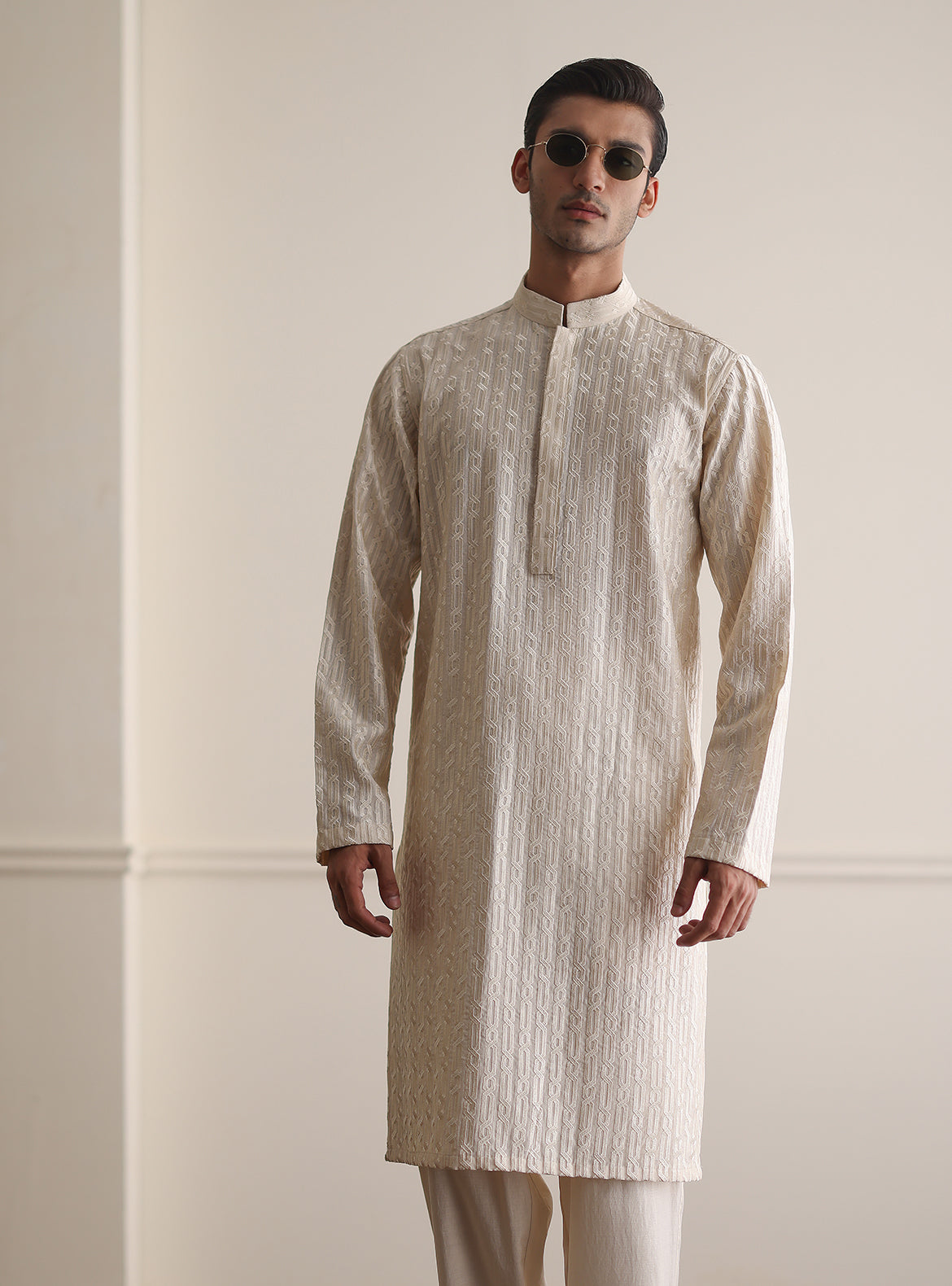 CREAM MESH EMBROIDERED KURTA