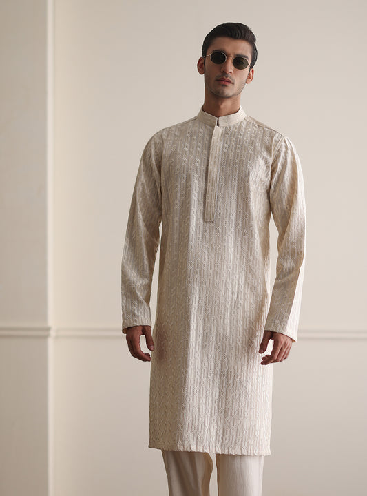 CREAM MESH EMBROIDERED KURTA
