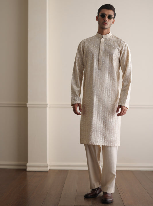 CREAM MESH EMBROIDERED KURTA