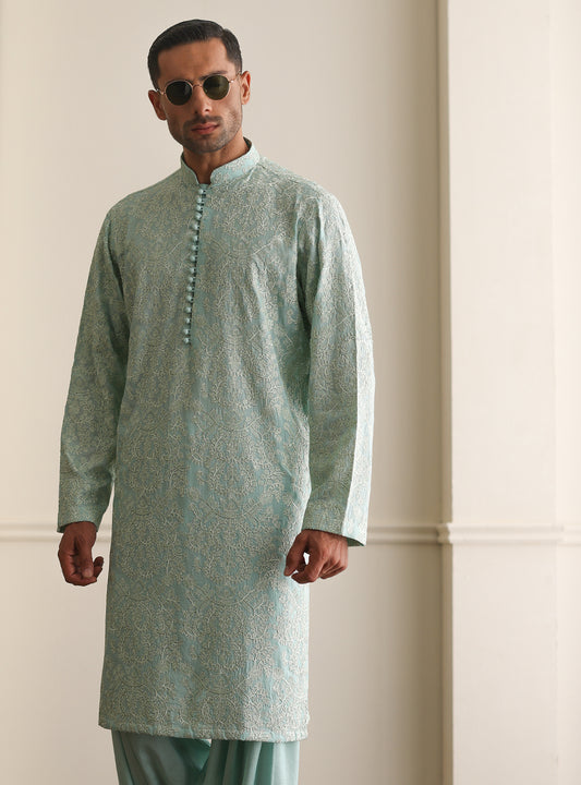 SEA FOAM EMBROIDERED KURTA