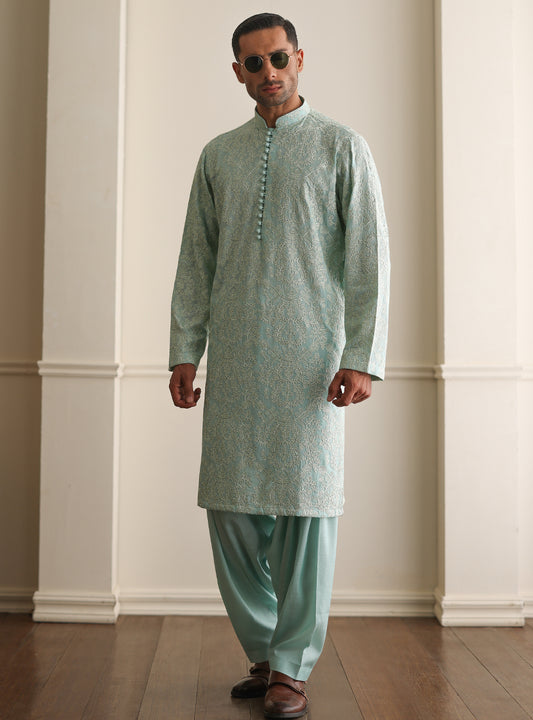 SEA FOAM EMBROIDERED KURTA