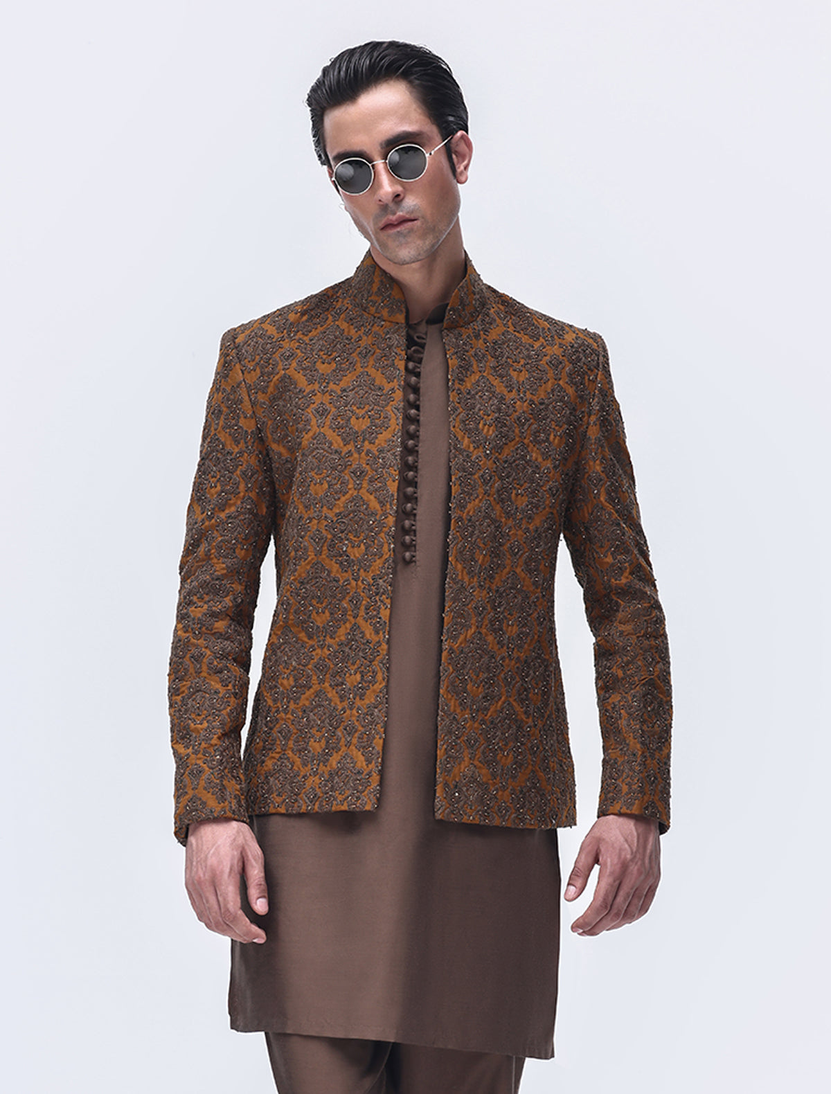 TAN HAND EMBROIDRED SHORT LENGTH PRINCE COAT