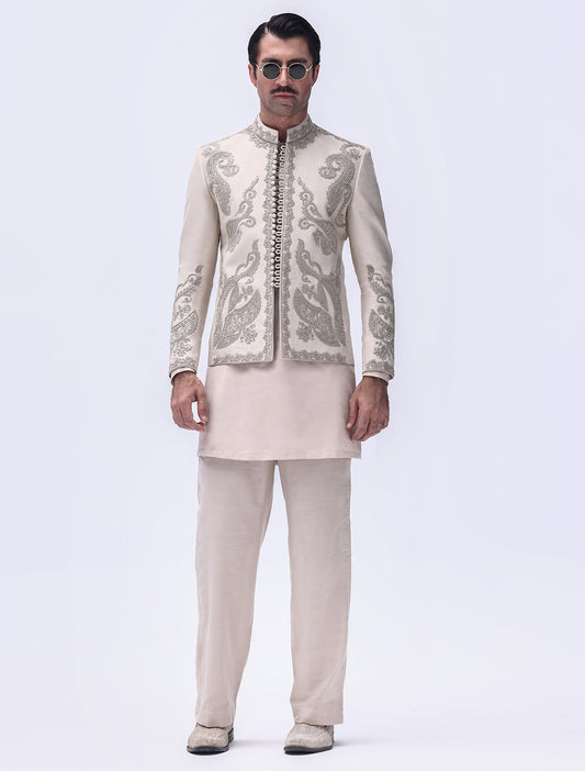 LIGHT IVORY HAND EMBROIDERED SHORT LENGTH PRINCE COAT