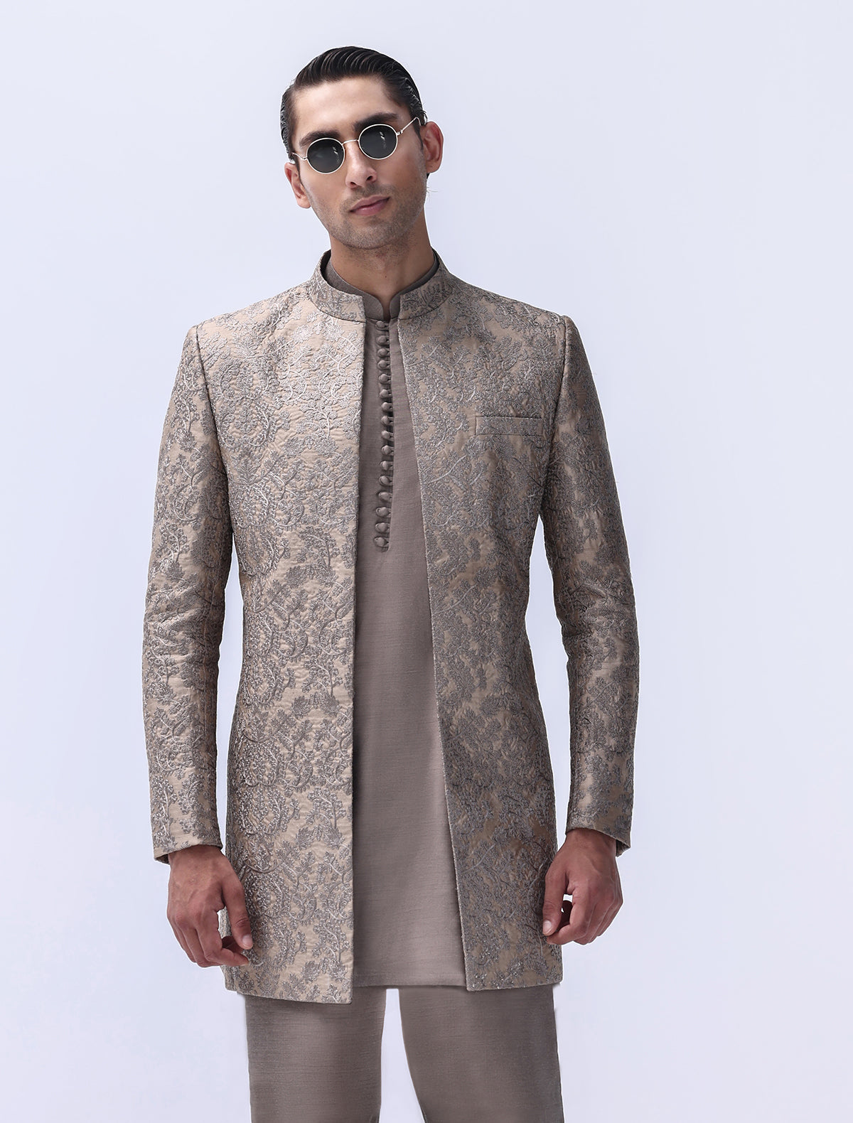 SAND BROWN INTRICATE EMBROIDERED PRINCE COAT