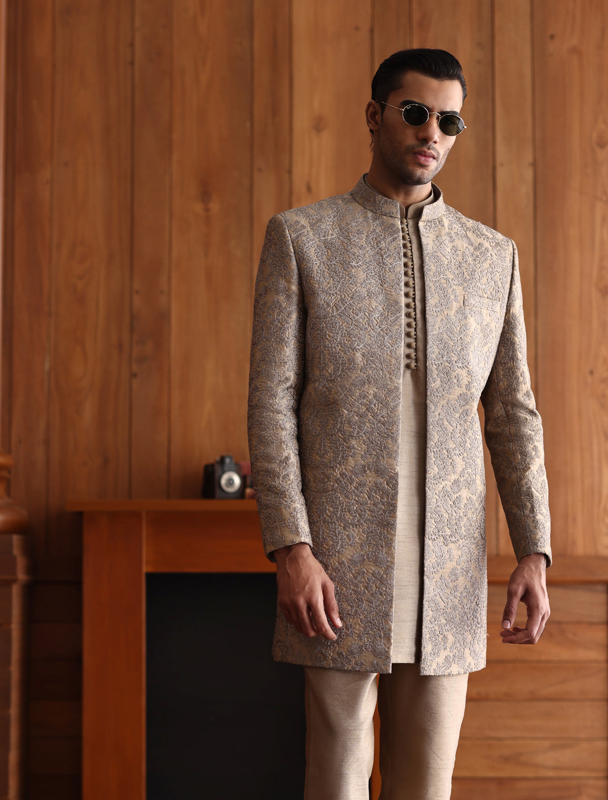 SAND BROWN INTRICATE EMBROIDERED PRINCE COAT