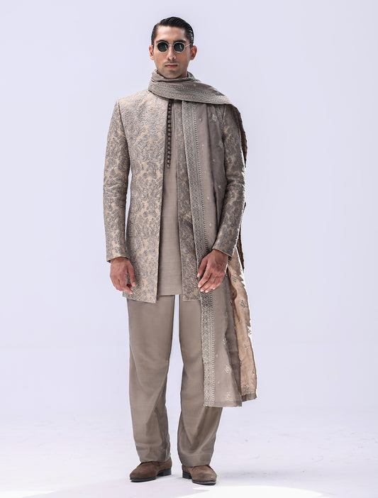 SAND BROWN INTRICATE EMBROIDERED PRINCE COAT