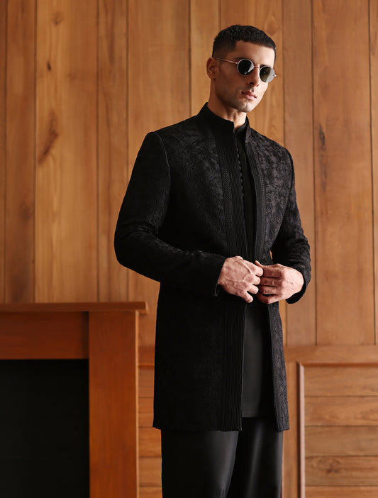 BLACK SELF EMBROIDERED PRINCE COAT