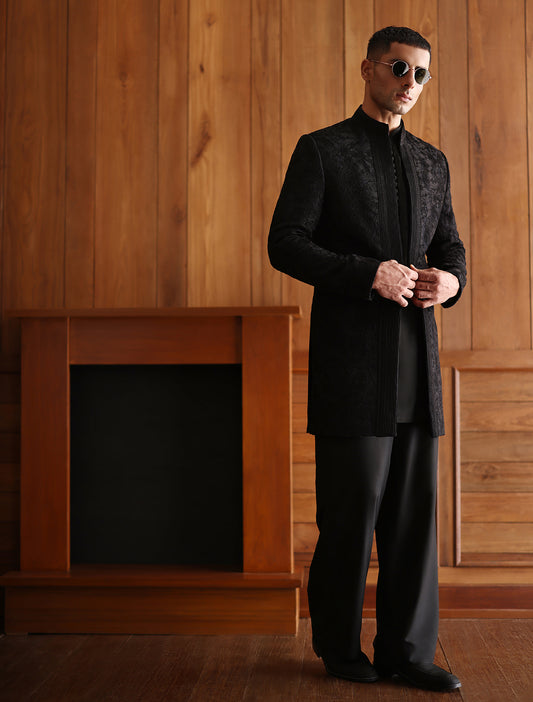 BLACK SELF EMBROIDERED PRINCE COAT