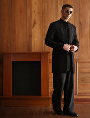 BLACK SELF EMBROIDERED PRINCE COAT