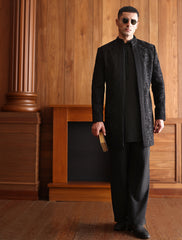 BLACK SELF EMBROIDERED PRINCE COAT