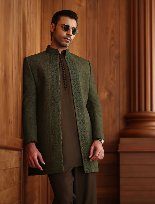 GREEN INTRICATELY HAND EMBROIDERED PRINCE COAT