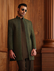 GREEN INTRICATELY HAND EMBROIDERED PRINCE COAT