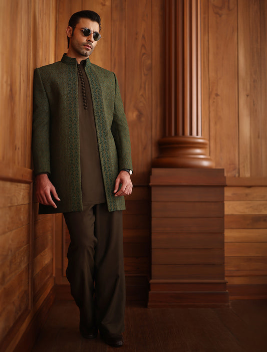 GREEN INTRICATELY HAND EMBROIDERED PRINCE COAT