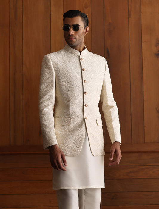 LIGHT BEIGE SELF EMBROIDERED PRINCE COAT