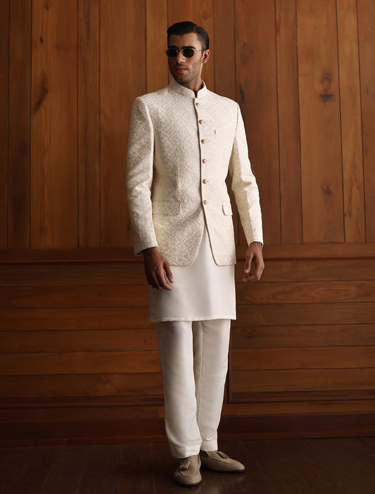 LIGHT BEIGE SELF EMBROIDERED PRINCE COAT