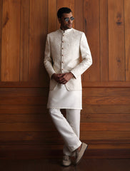 LIGHT BEIGE SELF EMBROIDERED PRINCE COAT