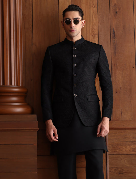 BLACK SELF EMBROIDERED PRINCE COAT