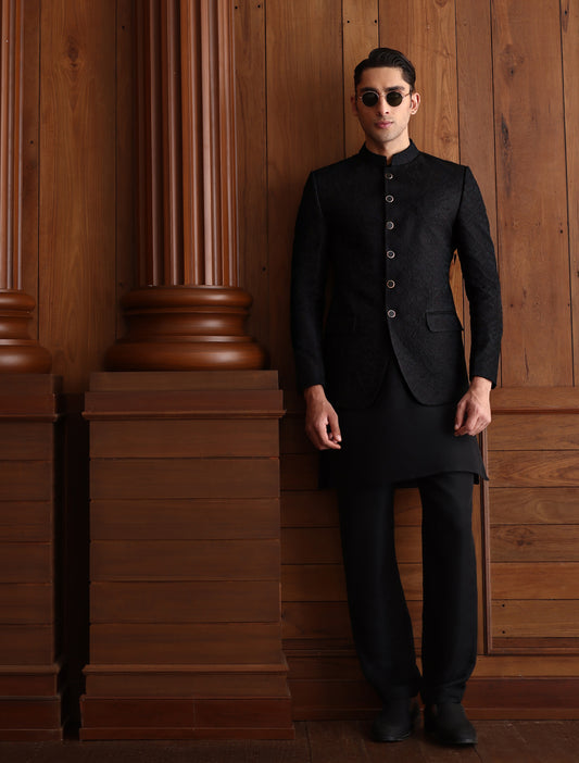 BLACK SELF EMBROIDERED PRINCE COAT
