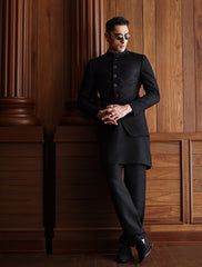 BLACK SELF EMBROIDERED PRINCE COAT