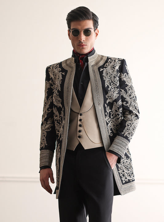 BLACK ANCHOR EMBROIDERED PRINCE COAT