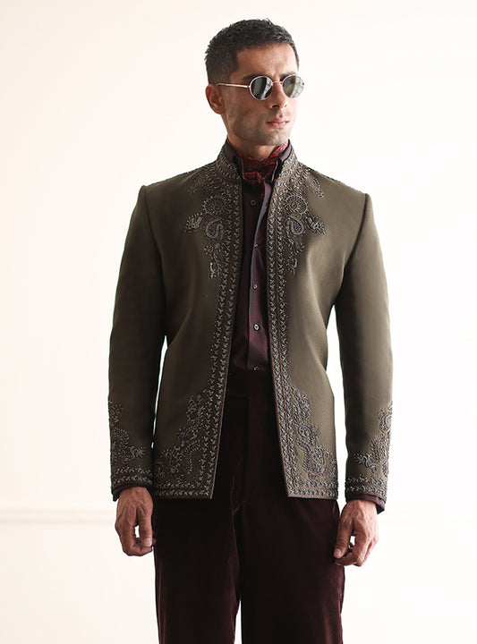 OLIVE HAND EMBROIDERED PRINCE COAT