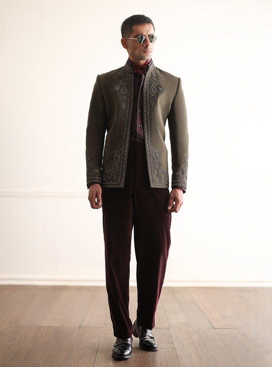 OLIVE HAND EMBROIDERED PRINCE COAT